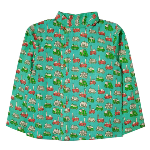 Snowflakes Full Sleeve Shirt With Vehicle Prints - Green
