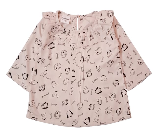 Snowflakes Girls 3/4th Sleeve Top With Dog Prints - Off White