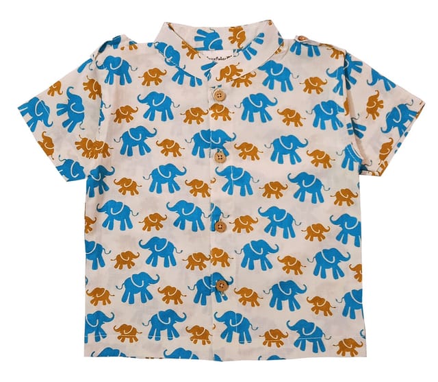 Snowflakes Boys Half Sleeve Shirt With Elephant Prints - White