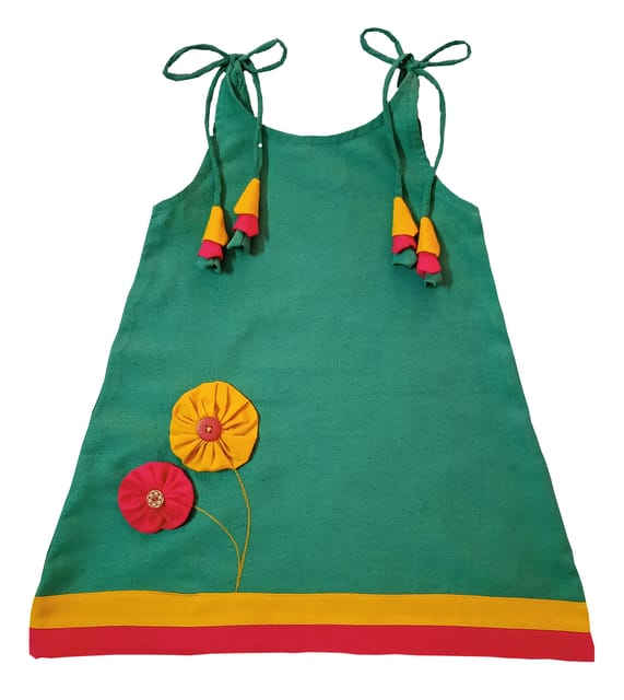 Snowflakes Girls Tying Style  Frock with Flowers - Green
