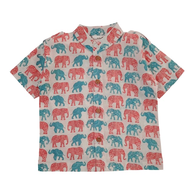Snowflakes Boys Half Sleeve Shirt With Elephant Prints -White