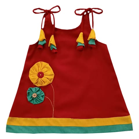 Snowflakes  Girls Tying Style Frock With Flower Design  - Maroon