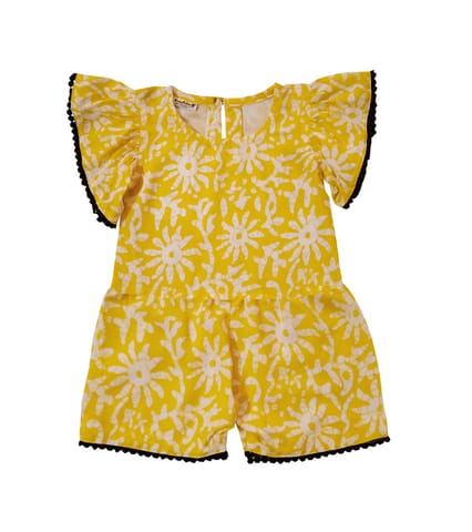 Snowflakes Girls Co-Ord Set With Flower Design - Yellow
