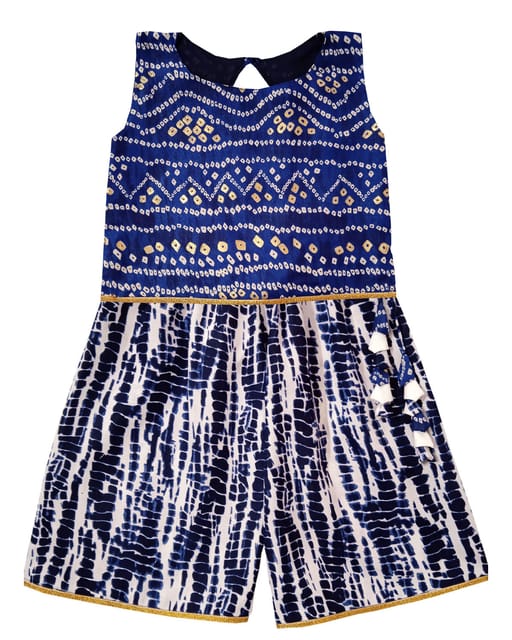 Snowflakes Girls Ethnic Wear Top With Bandini Print And Palazzo Pant - Blue