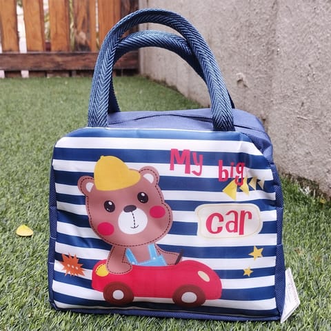 Snowflakes Kids Lunch Bag  Teddy With My Big Car Print -  Blue