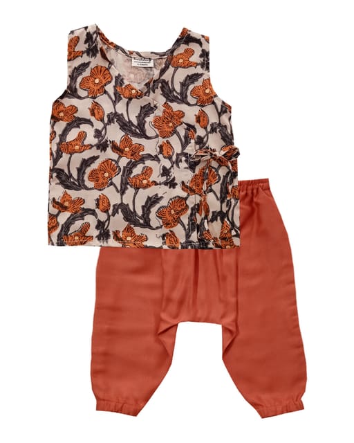 Snowflakes Unisex Infant Jabla Top With Floral Print And Harem Pant Set - White  & Orange