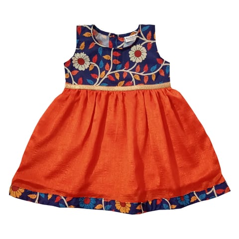 Snowflakes Girls 2 Panel Frock with Floral Print - Orange & Blue