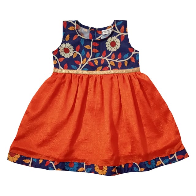 Snowflakes Girls 2 Panel Frock with Floral Print - Orange & Blue