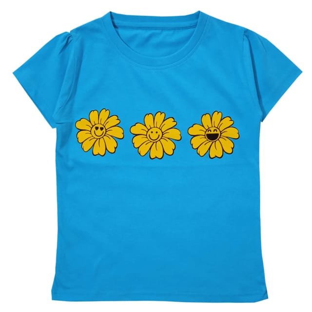Snowflakes Girls Half Sleeve T-Shirt With Smilie Flowers Print -Sky Blue