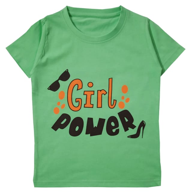 Snowflakes Girls Half Sleeve T-Shirt With Girl Power Print - Green