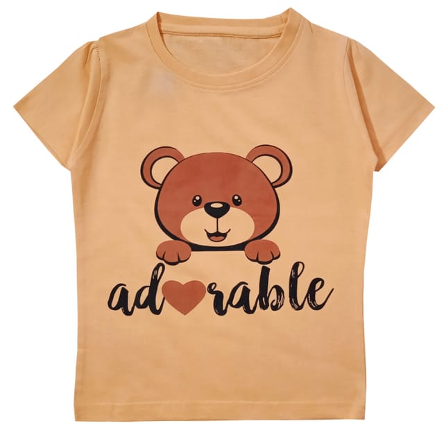 Snowflakes Girls Half Sleeve T-Shirt With Teddy Print - Peach