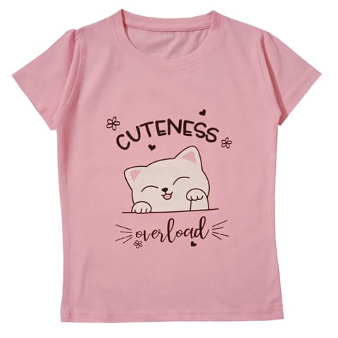 Snowflakes Girls Half Sleeve T-Shirt With Cute Cat Print - Pink