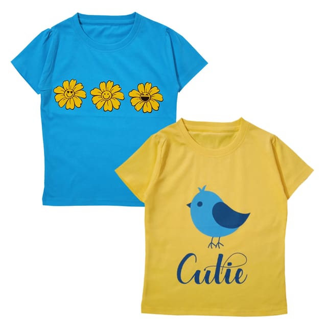 Snowflakes Girls Half Sleeve Cotton Printed T-shirt Combo ( Pack of 2) -Sky Blue & Yellow