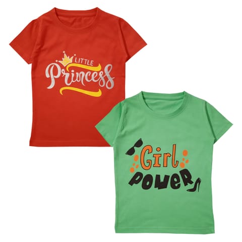 Snowflakes Girls Cotton Printed T-Shirts Combo (Pack of 2) - Orange & Green