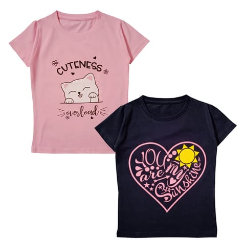 Snowflakes Girls Half Sleeve Cotton Printed T-shirt Combo ( Pack of 2)- Pink & Charcoal Grey
