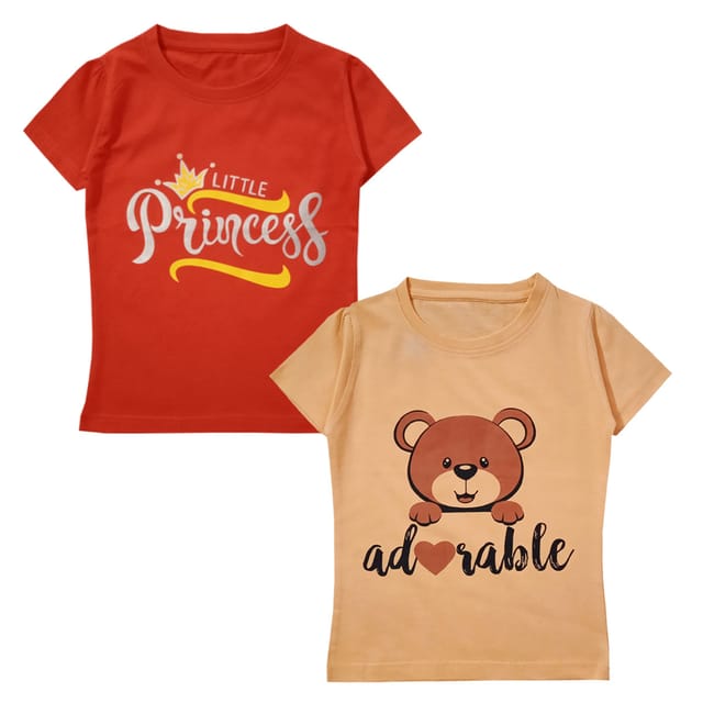Snowflakes Girls Half Sleeve Cotton Printed T-shirt Combo ( Pack of 2) - Orange & Peach