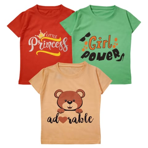Snowflakes Girls Half Sleeve Cotton Printed T-shirt Combo ( Pack of 3) - Orange , Green & Peach