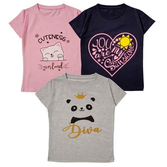 Snowflakes Girls Half Sleeve Cotton Printed T-shirt Combo ( Pack of 3) - Pink ,Charcoal Grey & Off white