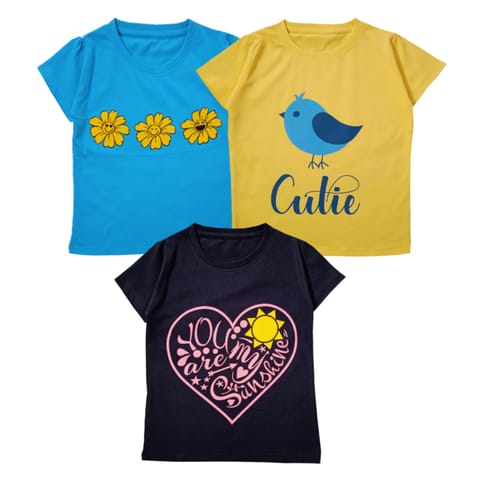 Snowflakes Girls Half Sleeve Cotton Printed T-shirt Combo ( Pack of 3) -Sky Blue ,Yellow & Charcoal Grey