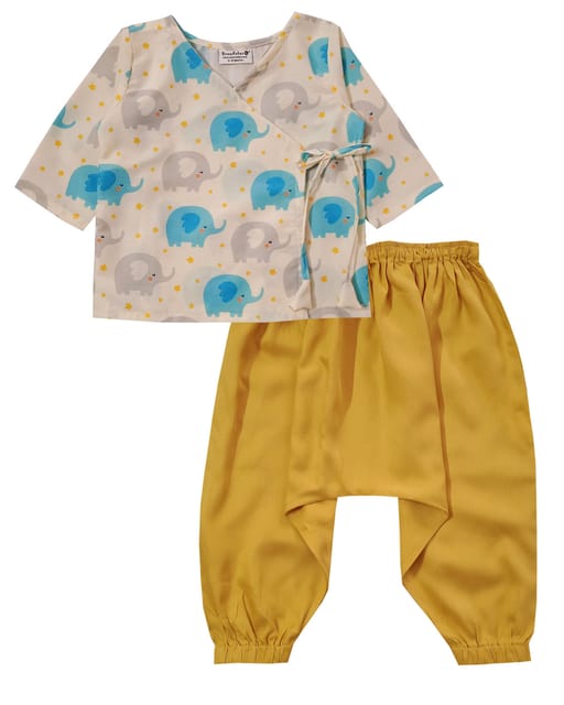Snowflakes Unisex Infant Jabla Top With Elephant Print And Harem Pant Set - White & Yellow