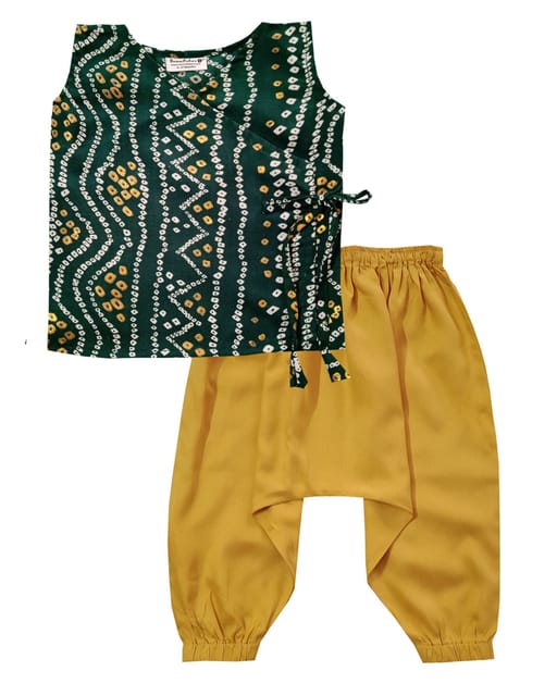 Snowflakes Unisex Infant Jabla Top With Bandhini Print And Harem Pant Set-Green