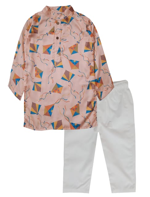 Snowflakes Boys kurta With Kite Prints And Pyjama Set -Peach & White