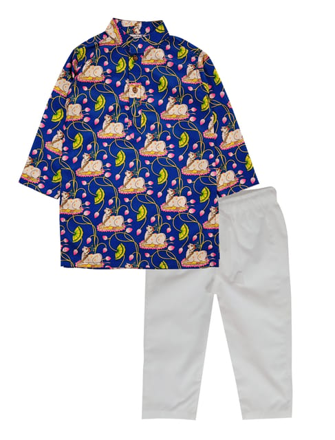 Snowflakes Boys Kurta With Cow Prints And Pyjama Set -Navy Blue & White