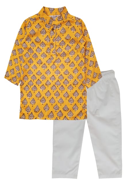 Snowflakes Boys kurta With Leaf Prints And Pyjama Set -Yellow & White