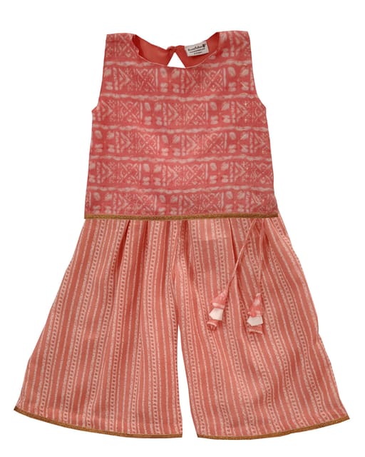 Snowflakes Girls Ethnic Wear Top With Geometric Print And Palazo Pant -Pink