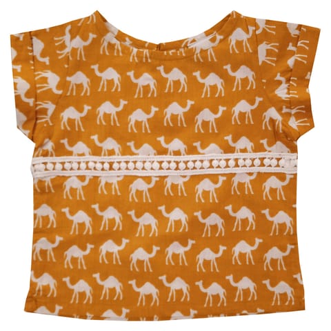 Snowflakes Girls Top With Camel Prints- Mustard