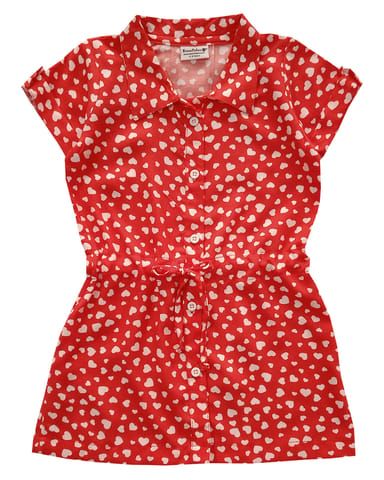 Snowflakes Girls Frock with Little Heart Print - Red
