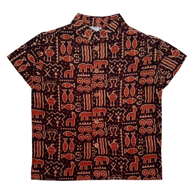 Snowflakes Boys Half Sleeve Shirt With Fish Prints - Brown