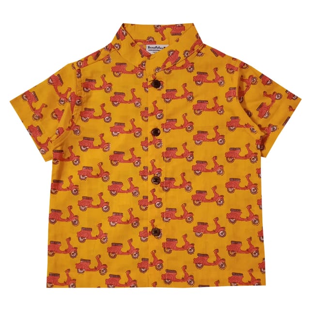 Snowflakes Boys Half Sleeve Shirt With Scooter Prints - Yellow