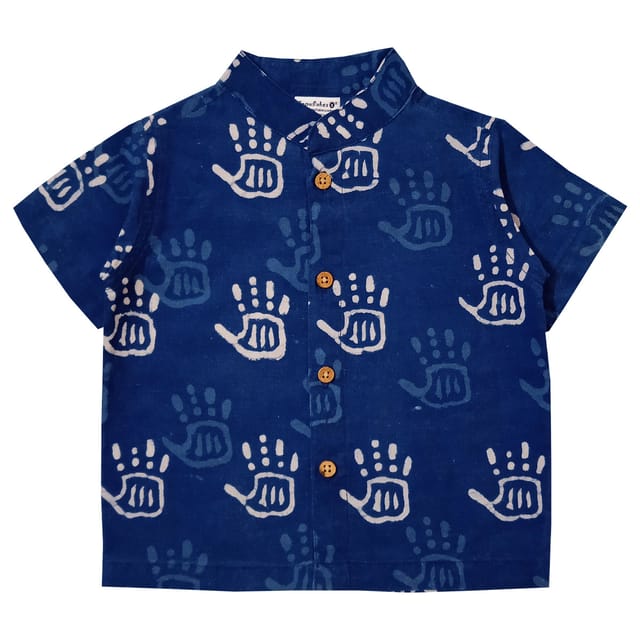 Snowflakes Boys Half Sleeve Shirt With Hand Prints - Blue