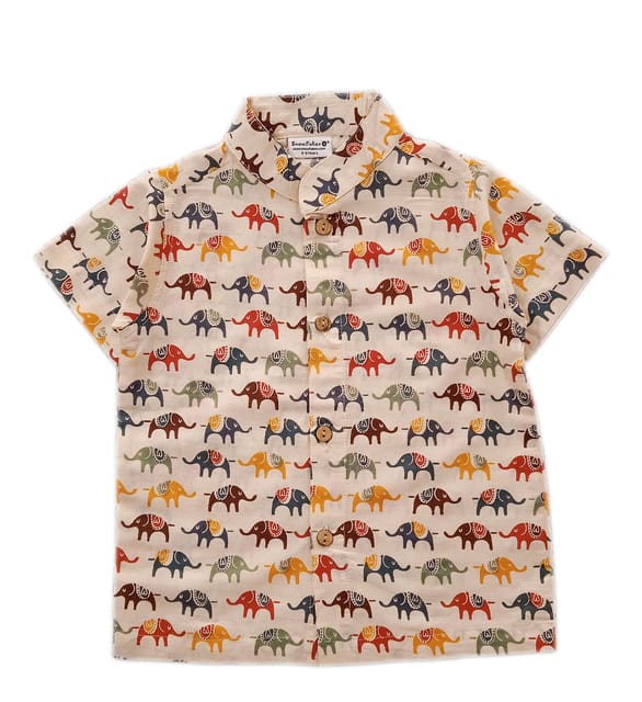 Snowflakes Boys Half Sleeve Shirt With Small Elephant Prints - Cream