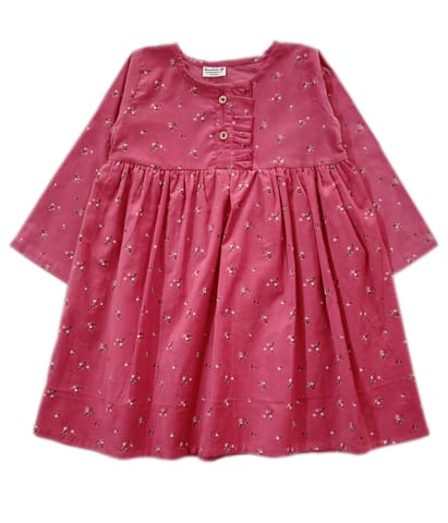 Snowflakes Girls 3/4th Sleeve Corduroy Frock With Floral Print - Pink