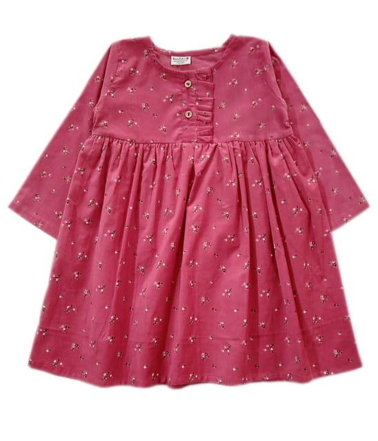 Snowflakes Girls 3/4th Sleeve Corduroy Frock With Floral Print - Pink