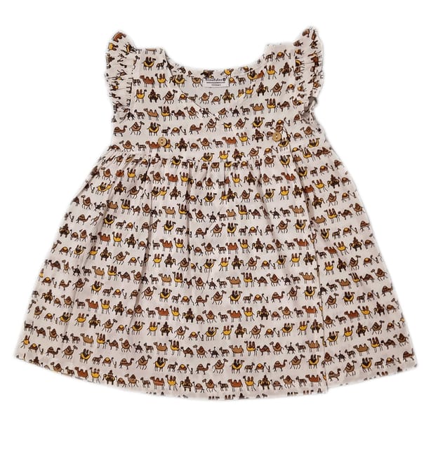 Snowflakes Girls Overlap Style Frock With Camel Print- White