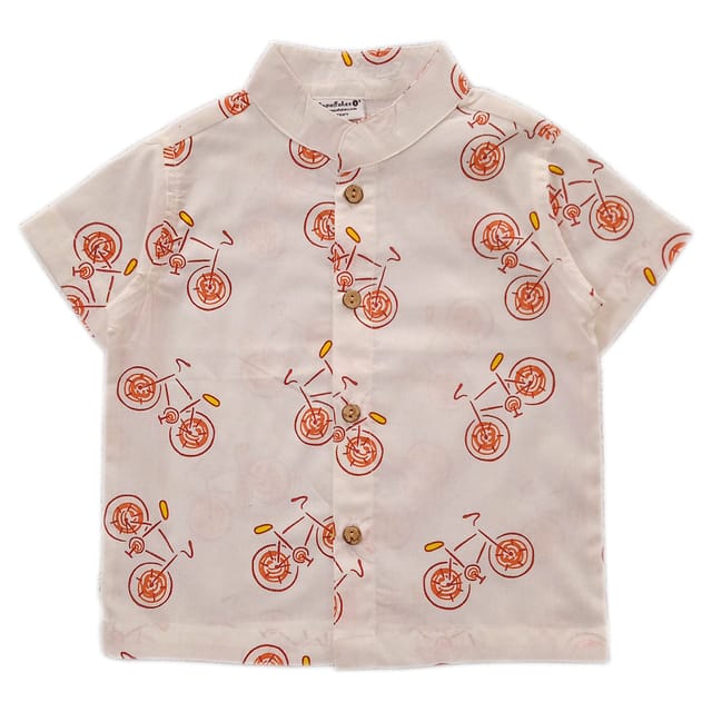 Snowflakes Boys Half Sleeve Shirt With Red Cycle Prints - White