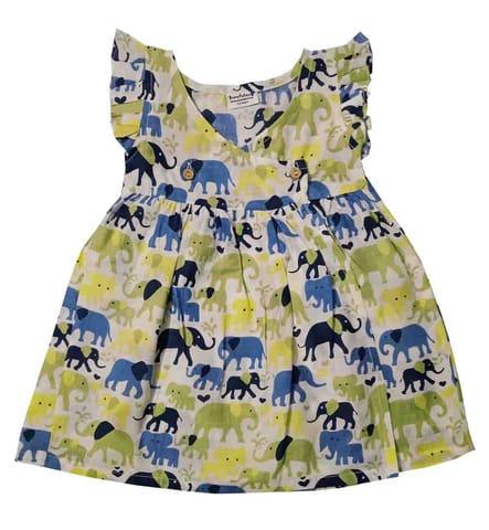 Girls Overlap Style Frock With Elephant Prints - Blue & Grey