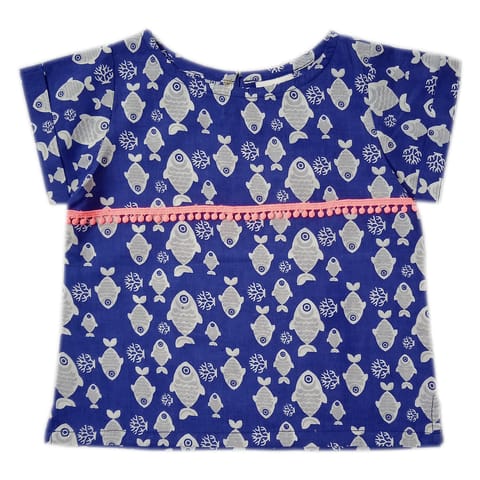 Snowflakes Girls Top  With Fish Prints- Blue