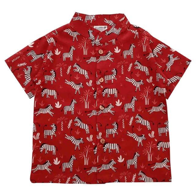 Snowflakes Boys Half Sleeve Shirt With Zebra prints - Red