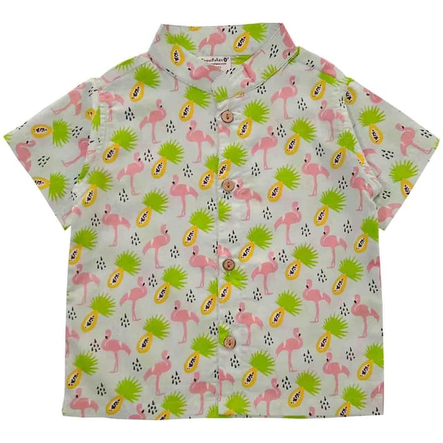 Snowflakes Boys Half Sleeve Shirt With Flamingo Prints - Light Green
