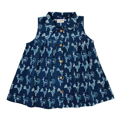 Snowflakes Girls Frock With Peacock Prints  - Blue
