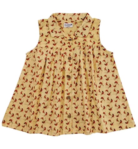 Snowflakes Girls Frock With Bird Prints- Yellow