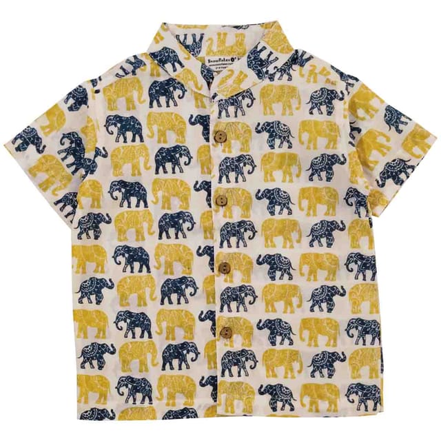 Snowflakes Boys Half Sleeve Shirt With Yellow Elephant Prints - white
