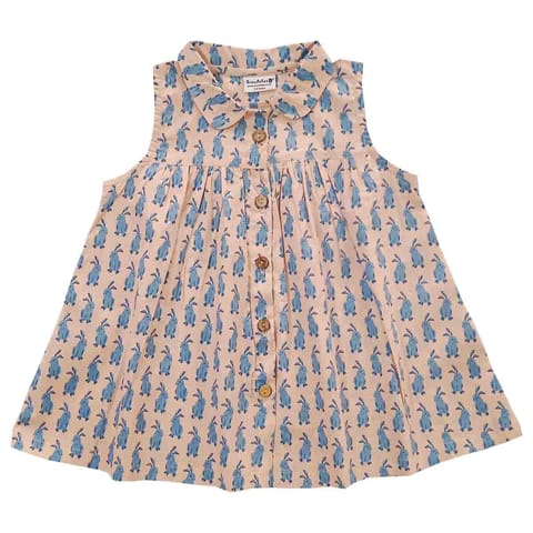 Snowflakes Girls Frock With Rabbit Prints- Peach