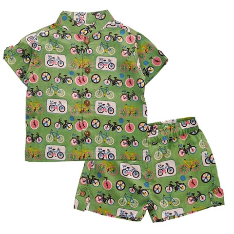 Snowflakes Unisex Cotton Co-Ord Set With Bicycle Prints - Green