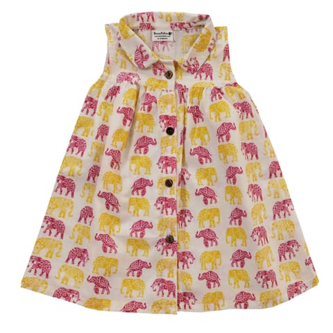 Snowflakes Girls Frock With Elephant Prints- White