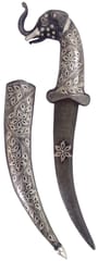 Antique Dagger Knife: Elephant Hilt, Damascus Iron Blade, & Silver Wire Koftgari Sheath (A20008)